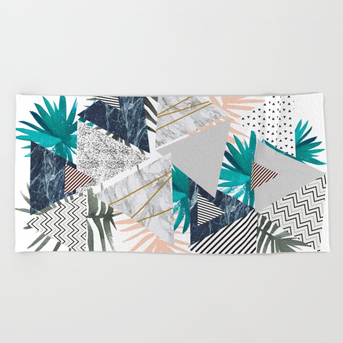 Abstract of geometric patterns with plants and marble II Beach Towel