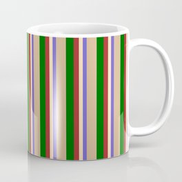 [ Thumbnail: Colorful Slate Blue, Beige, Brown, Dark Green, and Tan Colored Lines Pattern Coffee Mug ]