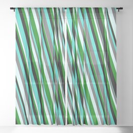 [ Thumbnail: Eyecatching Turquoise, Dim Grey, Light Cyan, Green & Black Colored Striped Pattern Sheer Curtain ]