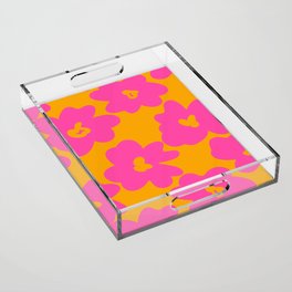 Abstract Retro Flowers Magenta Red Blooms On Orange Background Acrylic Tray