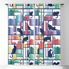 Rainbow bookshelf // white background navy blue shelf and library cats Blackout Curtain