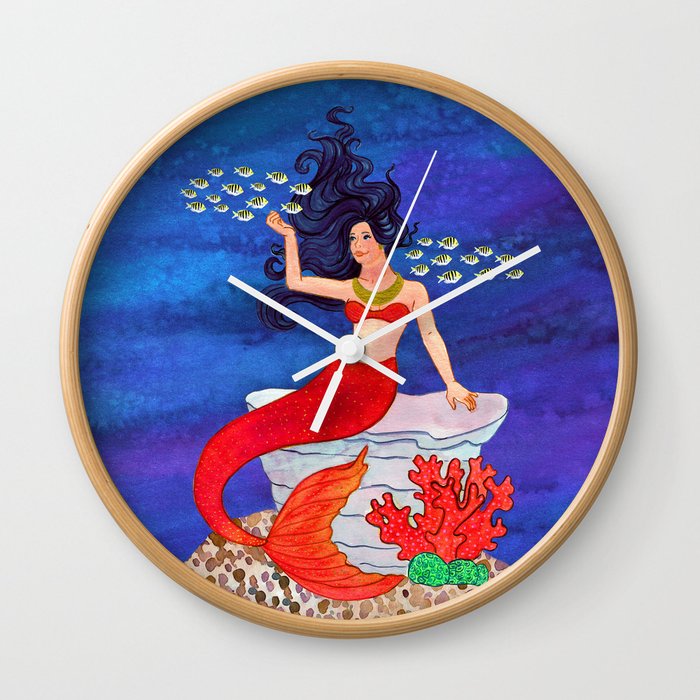 Mermaid on Coral with Shools of Fish Wall Clock