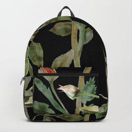 Rose branches and buds on black Backpack | Watercolor, Bud, Nature, Traditional, Pattern, Branch, Rose, Green, Leaves, Leaf 