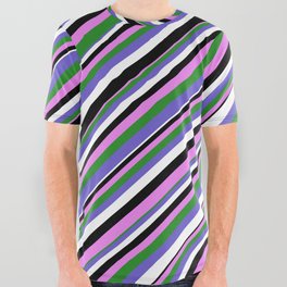 [ Thumbnail: Violet, Forest Green, Slate Blue, White & Black Colored Pattern of Stripes All Over Graphic Tee ]