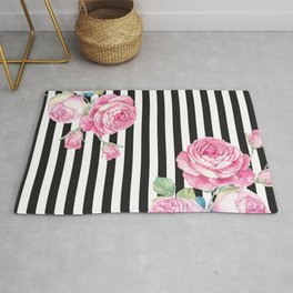 Black white blush pink watercolor floral stripes Area & Throw Rug