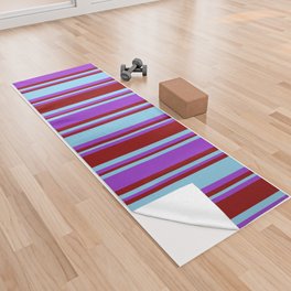 [ Thumbnail: Sky Blue, Dark Orchid, and Dark Red Colored Pattern of Stripes Yoga Towel ]