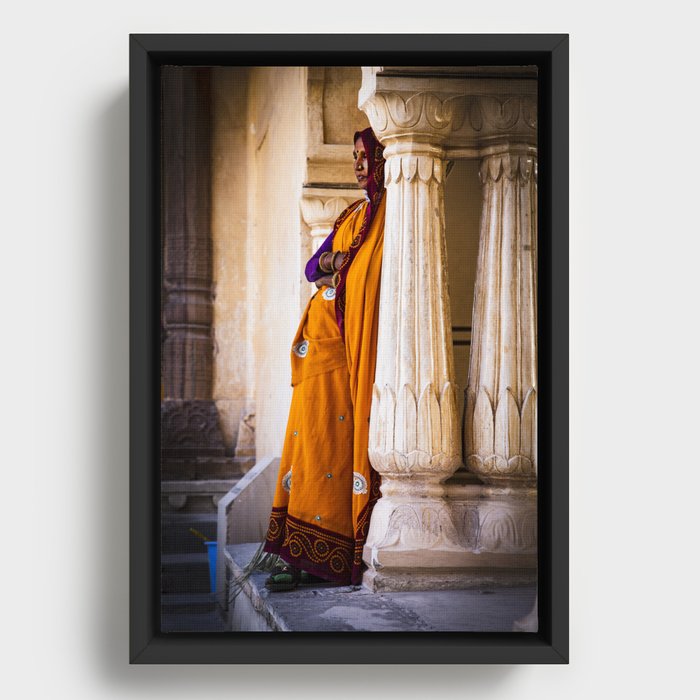 Sweeping lady - Rajastan - India Framed Canvas