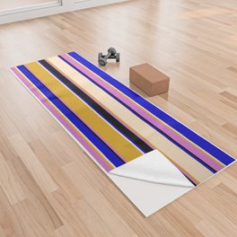 [ Thumbnail: Colorful Blue, Bisque, Goldenrod, Orchid, and Black Colored Stripes Pattern Yoga Towel ]