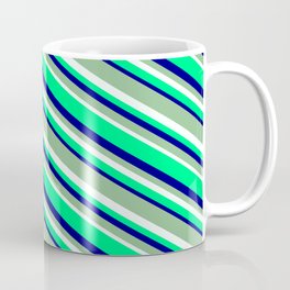 [ Thumbnail: Dark Sea Green, Mint Cream, Green, and Blue Colored Striped Pattern Coffee Mug ]