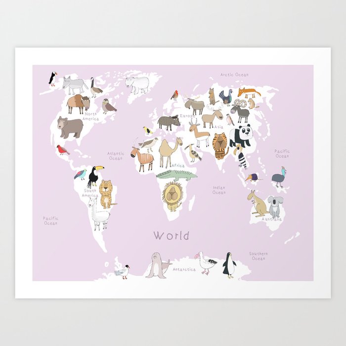 Pink and White World Map Illustrated With Carla Daly's Famous Animals Art Print