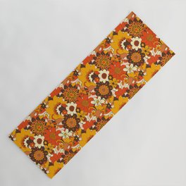 Retro 70s Flower Power, Floral, Orange Brown Yellow Psychedelic Pattern Yoga Mat