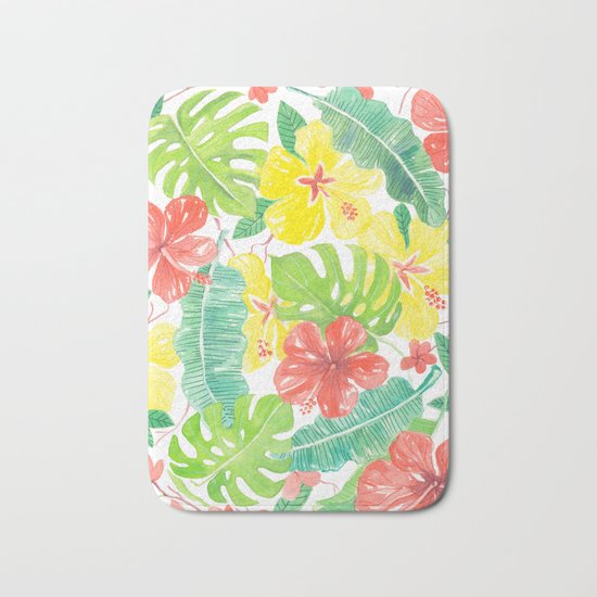 Tropical garden, hibisus, plumeria and palm leaves Bath Mat
