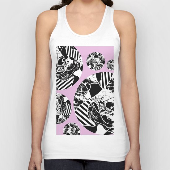 Black And White Bubbles 2 - Multi patterned, multi textured stripes, paint splats and marble on pink Unisex Tank Top