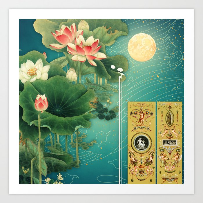 Chinese Lotus Full Moon Garden :: Fine Art Collage Art Print