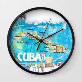 Cuba Antilles Illustrated Travel Map with Roads and Highlights Wall Clock