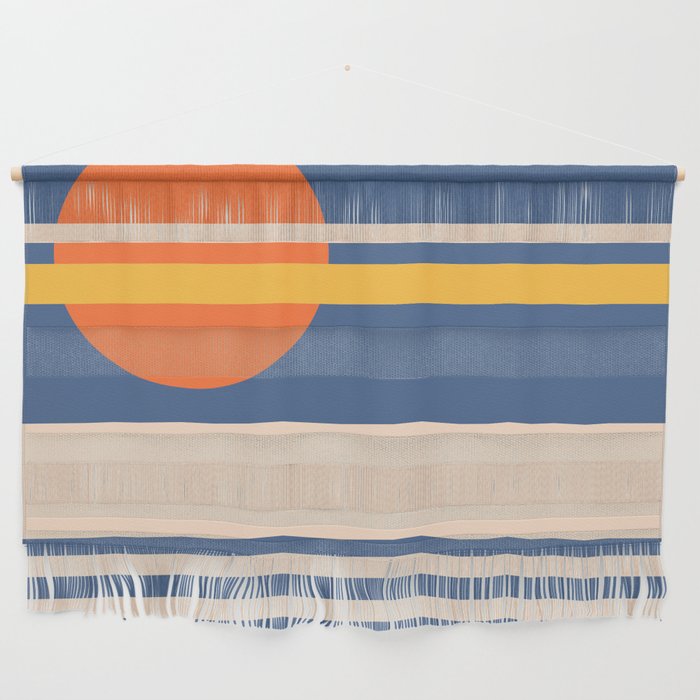 SeaYou - Orange Blue Colorful Sunset Retro Abstract Geometric Minimalistic Design Pattern Wall Hanging