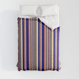 [ Thumbnail: Coral, Dim Gray, Tan & Blue Colored Pattern of Stripes Comforter ]