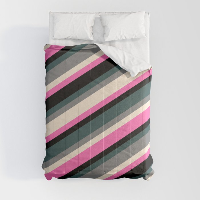 Eye-catching Dark Slate Gray, Grey, Beige, Hot Pink, and Black Colored Lined/Striped Pattern Comforter