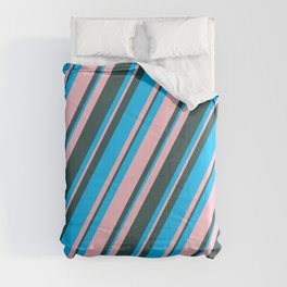 [ Thumbnail: Deep Sky Blue, Pink & Dark Slate Gray Colored Stripes Pattern Comforter ]