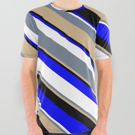 [ Thumbnail: Vibrant Slate Gray, Tan, Black, Blue, and White Colored Striped/Lined Pattern All Over Graphic Tee ]