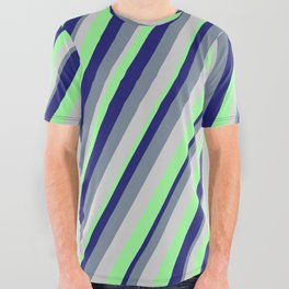 [ Thumbnail: Light Grey, Green, Midnight Blue, and Light Slate Gray Colored Stripes/Lines Pattern All Over Graphic Tee ]