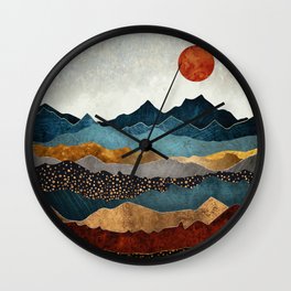 Amber Dusk Wall Clock | Abstract, Blue, Nature, Mountains, Graphicdesign, Amber, White, Copper, Grey, Orange 
