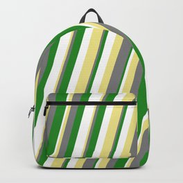 [ Thumbnail: Tan, Gray, Forest Green, and White Colored Stripes Pattern Backpack ]