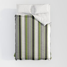 [ Thumbnail: Dark Gray, Green, White & Black Colored Lines/Stripes Pattern Comforter ]