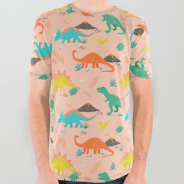 Jurassic Dinosaurs on Peach All Over Graphic Tee
