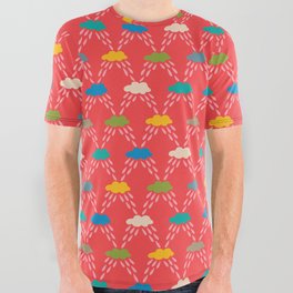 CLOUDBURST in BRIGHT RAINBOW MULTI-COLORS ON RED All Over Graphic Tee