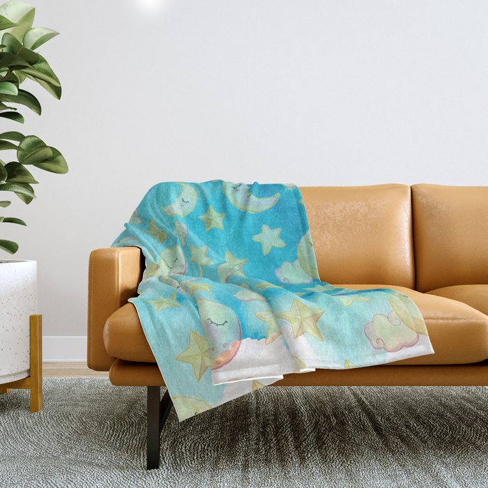 Blue yellow pink watercolor starry moon sun Throw Blanket