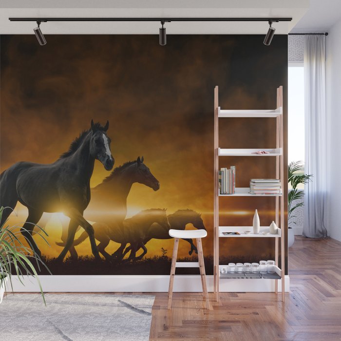 Wild Black Horses Wall Mural By Fantasyartdesigns