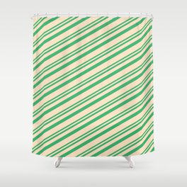 [ Thumbnail: Sea Green & Bisque Colored Lines/Stripes Pattern Shower Curtain ]
