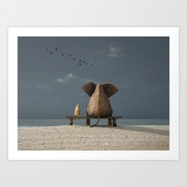 elephant and dog sit on a beach Art Print