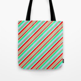 [ Thumbnail: Red, Tan, Green, and Light Blue Colored Lines Pattern Tote Bag ]