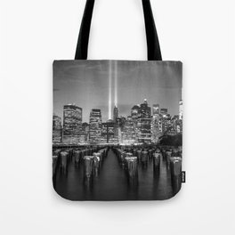 Lower Manhattan's 9-11 Tribute in Light black and white photograph by Marcela Tote Bag
