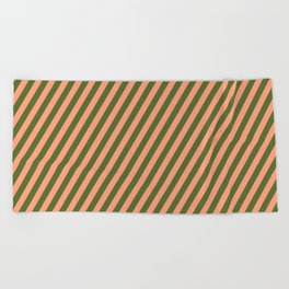 [ Thumbnail: Light Salmon & Dark Olive Green Colored Lined Pattern Beach Towel ]