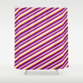 [ Thumbnail: Purple, Beige, Light Coral & Maroon Colored Lined/Striped Pattern Shower Curtain ]
