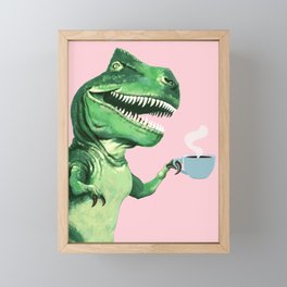 T-Rex Enjoying Coffee in Pink Framed Mini Art Print