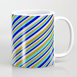 [ Thumbnail: Turquoise, Blue, Light Gray & Dark Goldenrod Colored Pattern of Stripes Coffee Mug ]