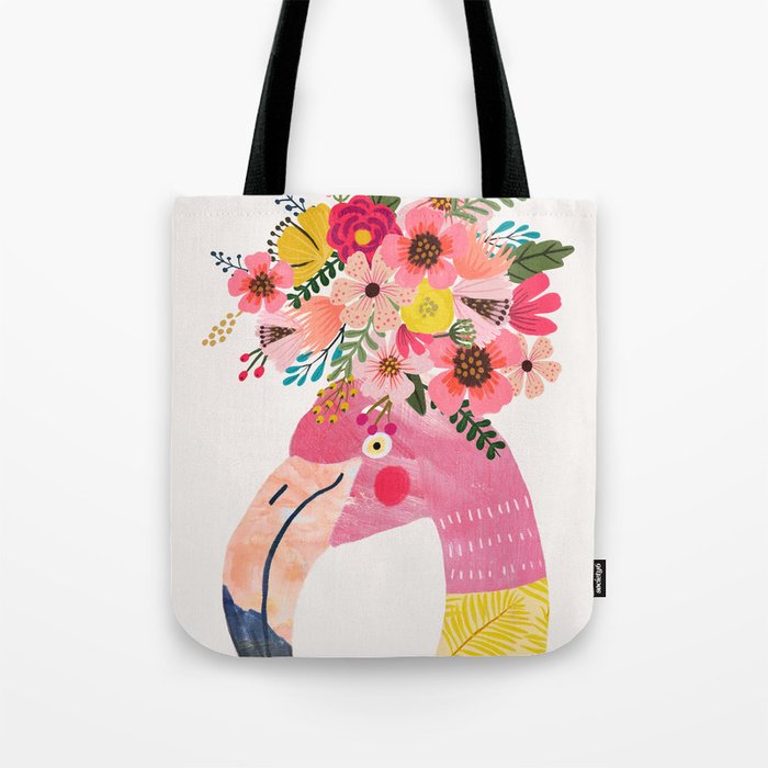 Pink flamingo with flowers on head Tote Bag