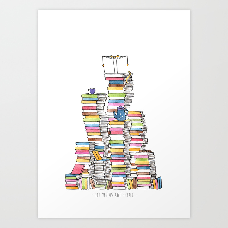 Mountain Of Books For Booklovers (And Catlovers, And Tealovers). Watercolor Art Print By The Yellow Cat Studio | Society6