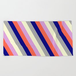 [ Thumbnail: Colorful Plum, Red, Blue, Dark Grey & Light Yellow Colored Lines/Stripes Pattern Beach Towel ]