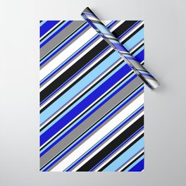 [ Thumbnail: Light Sky Blue, Blue, Gray, White, and Black Colored Striped Pattern Wrapping Paper ]
