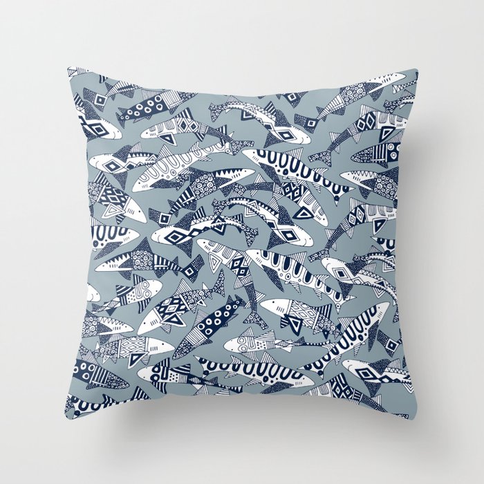 shark party blue Throw Pillow