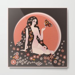 Butterly, Flowers, 60s 70s Retro Woman Metal Print