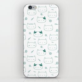 Green Blue Doodle Kitten Faces Pattern iPhone Skin