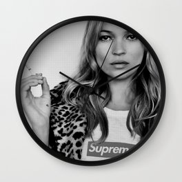 Kate Moss old digitally manipulated black an white photo Wall Clock