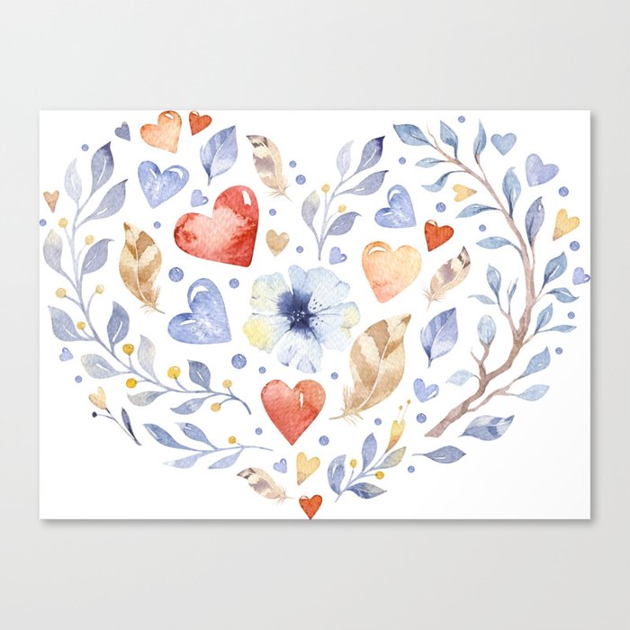 Watercolor hand drawn paintings love floral set. Boho style flawer heart  shape. Canvas Print by Kristy Kvilis
