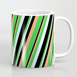 [ Thumbnail: Light Salmon, Lime Green, Light Cyan, and Black Colored Lines/Stripes Pattern Coffee Mug ]